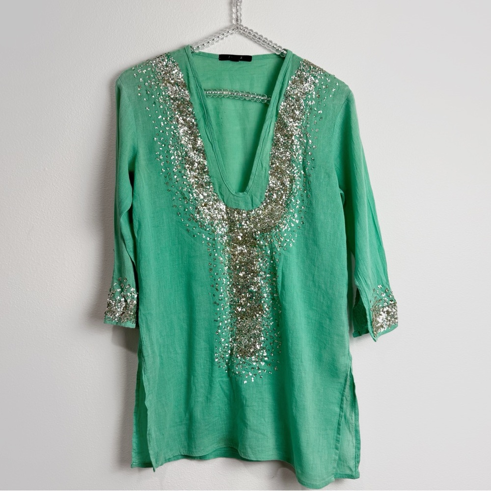 T Bags Los Angeles Womens V Neck Cover Up Swim Dress Turquoise Silver Sequin XS